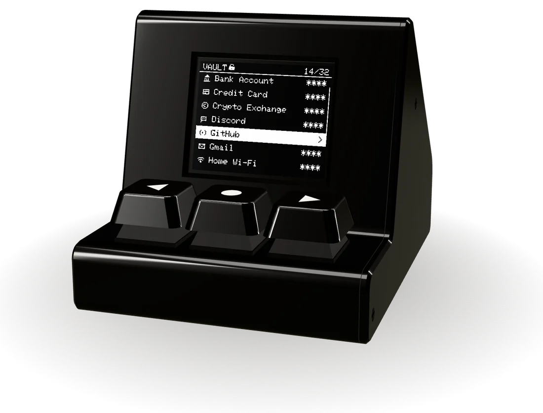 Crypt BlackBox: a small black box with a 1.8-inch colour screen and three buttons
